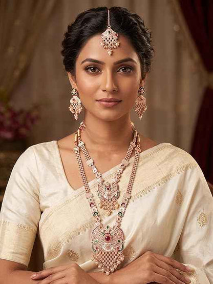 Traditional Kundan Style Rose Gold Bridal Jewelry Set - Long Rani Haar, Choker Necklace, Earrings & Maang Tikka with American Diamonds