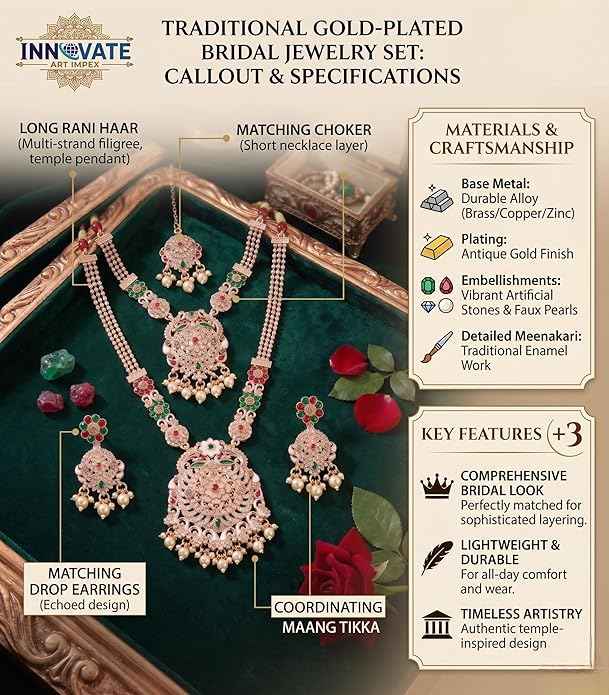 Traditional Antique Gold Plated Bridal Jewelry Set - Kundan Style Long Rani Haar, Choker, Earrings & Maang Tikka