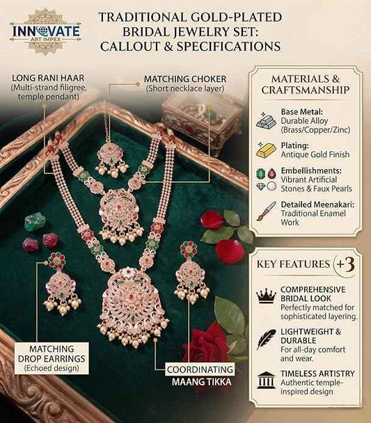 Traditional Antique Gold Plated Bridal Jewelry Set - Kundan Style Long Rani Haar, Choker, Earrings & Maang Tikka