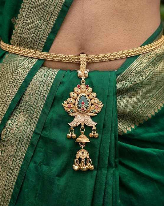 Traditional Antique Gold-Toned Meenakari Saree Challa Waist Keychain for Women | Artificial Ethnic Kamarbandh Ornament with Green Stone & Jhumki Drop | INNOVATE ART IMPEX