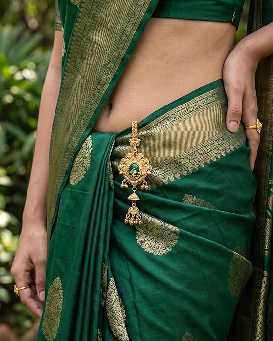Traditional Antique Gold-Toned Filigree Saree Challa Waist Keychain for Women | Artificial Ethnic Kamarbandh Ornament with Green Oval Center & Jhumki Drop | INNOVATE ART IMPEX