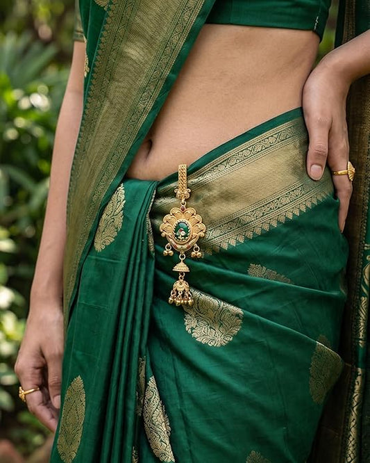 Traditional Antique Gold-Toned Filigree Saree Challa Waist Keychain for Women | Artificial Ethnic Kamarbandh Ornament with Green Oval Center & Jhumki Drop | INNOVATE ART IMPEX