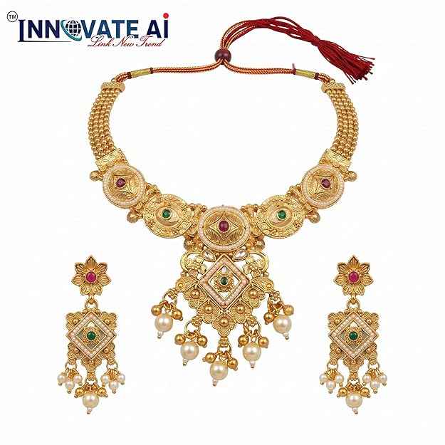 Adjustable Kundan Choker Set — Gold Plated Necklace with Pearl Drops & Matching Earrings