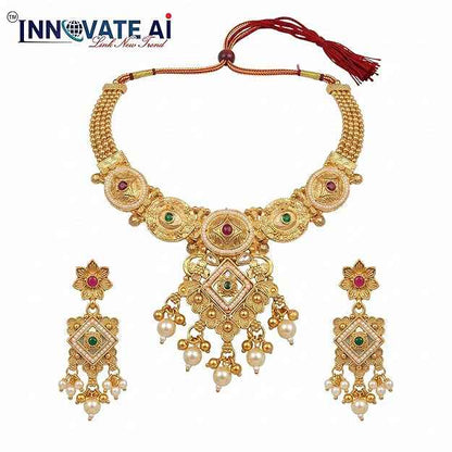 Adjustable Kundan Choker Set — Gold Plated Necklace with Pearl Drops & Matching Earrings