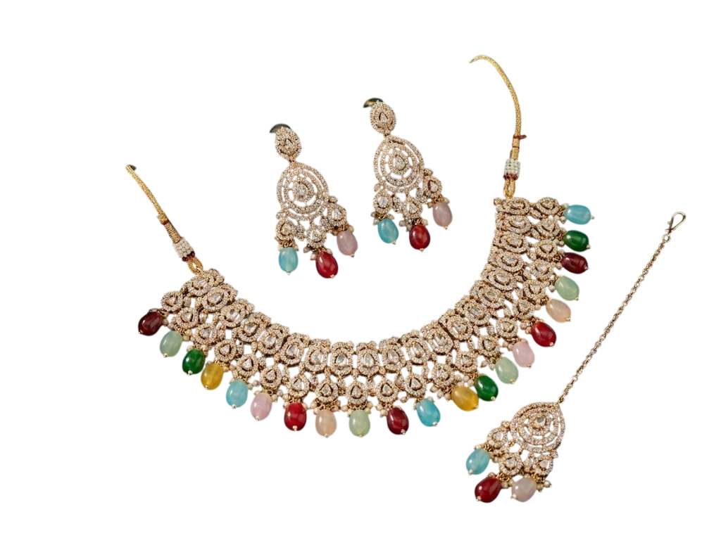 Close-up view of premium artificial Multicolor Kundan Choker Necklace Set with Maang Tikka & Earrings by Innovate Art Impex.