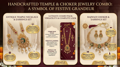 Detailed infographic highlighting features of the INNOVATE ART IMPEX handcrafted temple and choker jewelry combo, showcasing traditional floral medallions, cascading pearl drops, and Rajwadi design details.