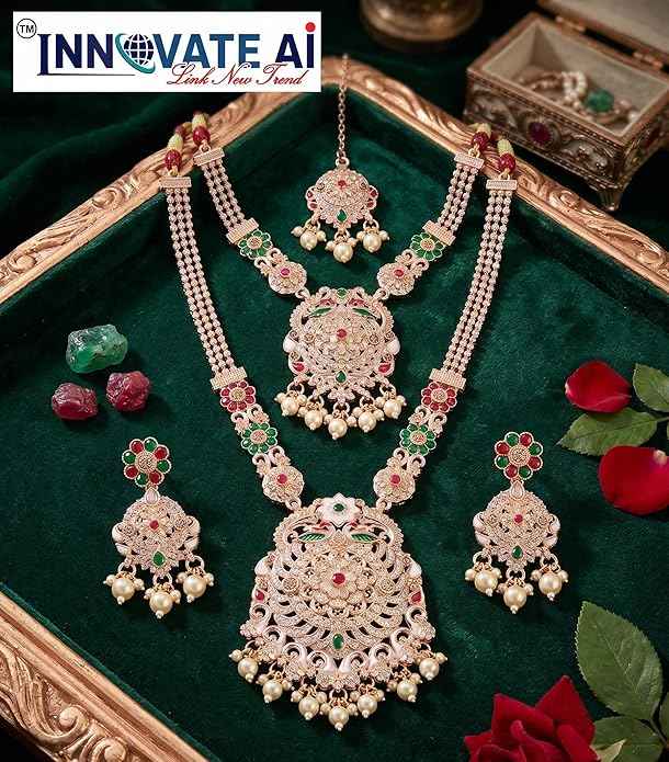 Traditional Antique Gold Plated Bridal Jewelry Set - Kundan Style Long Rani Haar, Choker, Earrings & Maang Tikka
