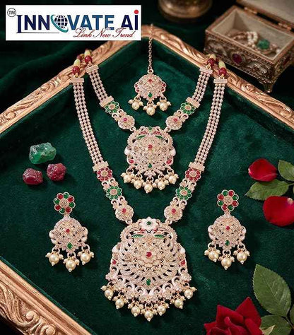 Traditional Antique Gold Plated Bridal Jewelry Set - Kundan Style Long Rani Haar, Choker, Earrings & Maang Tikka