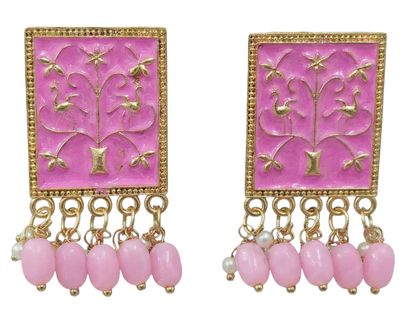 Close-up view of premium artificial Baby Pink Meenakari Gold Plated Pearl Drop Earrings for Women | Traditional Ethnic Dangle Earrings by Innovate Art Impex.
