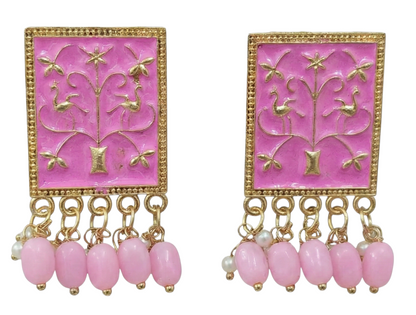Close-up view of premium artificial Baby Pink Meenakari Gold Plated Pearl Drop Earrings for Women | Traditional Ethnic Dangle Earrings by Innovate Art Impex.