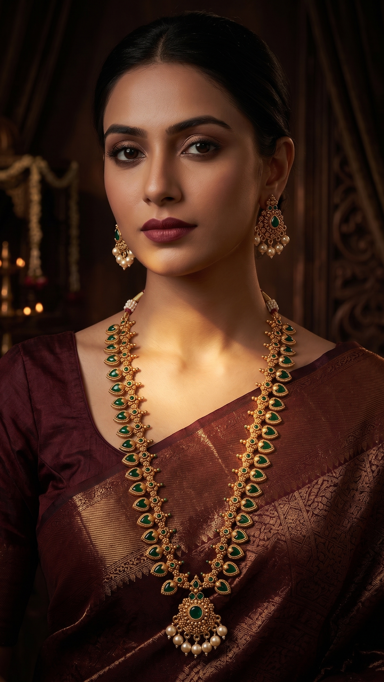 Beautiful Indian model wearing the INNOVATE ART IMPEX traditional green stone long Rani Haar necklace and earrings with a maroon saree.