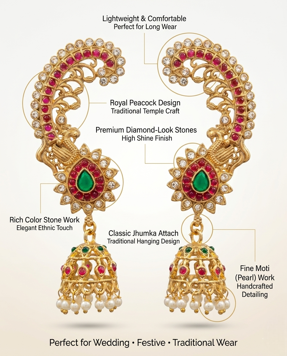 Beautiful woman wearing INNOVATE ART IMPEX traditional peacock ear cuff earrings with red and green stones for festive moments.