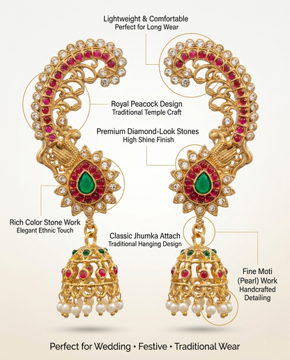 Beautiful woman wearing INNOVATE ART IMPEX traditional peacock ear cuff earrings with red and green stones for festive moments.