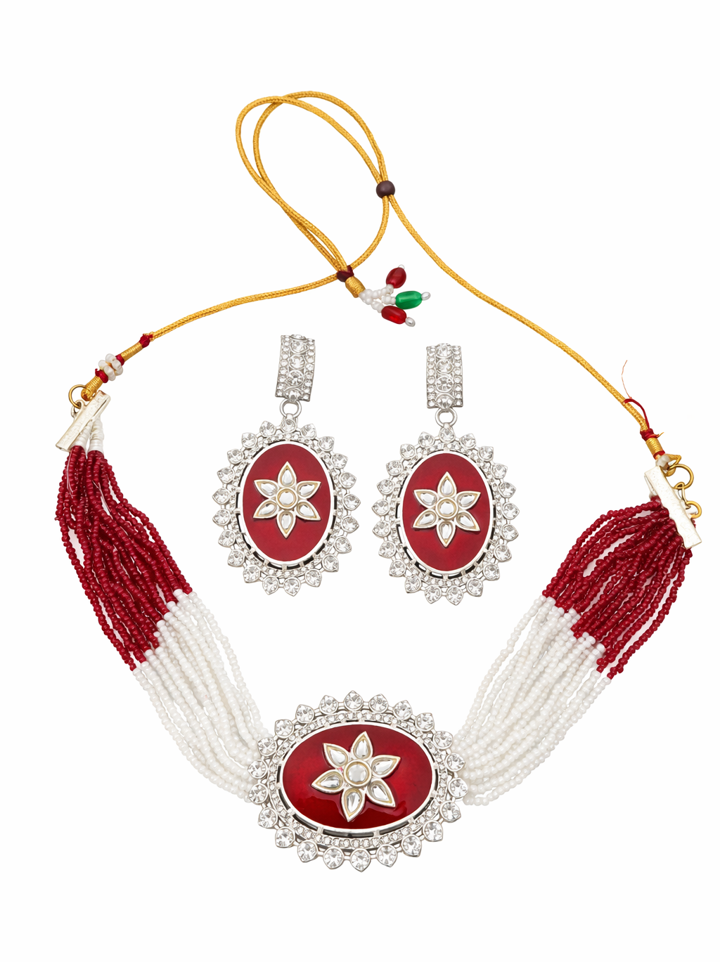 Close-up view of premium artificial Multi-Strand Beaded Choker Necklace Set with Floral Enamel Centerpiece by Innovate Art Impex.