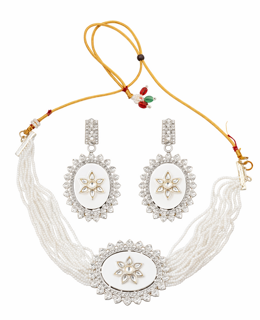 Close-up view of premium artificial Oval Enamel Floral Motif Beaded Choker Set with Matching Earrings by Innovate Art Impex.