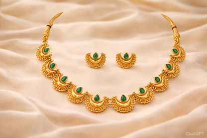 Close-up view of premium artificial Traditional Maharashtrian Chandrakor Green Stone Necklace Set   Gold Plated by Innovate Art Impex.