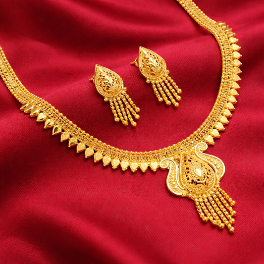 Close-up view of premium artificial Traditional Gold Toned Meenakari Inspired Temple Jewelry Set with Floral Filigree by Innovate Art Impex.