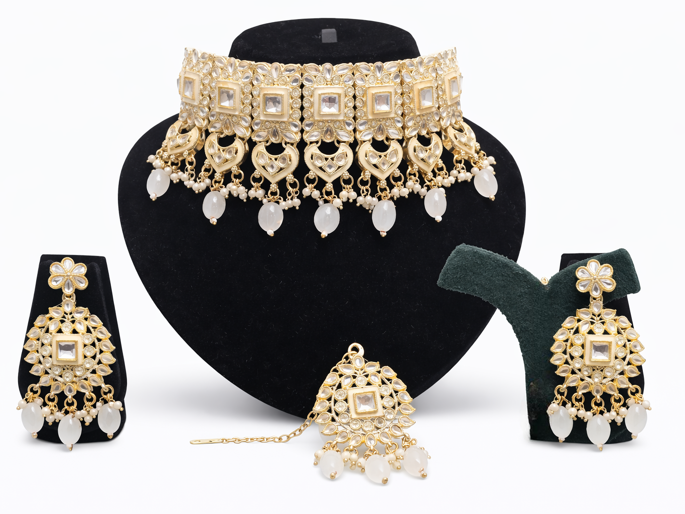 Close-up view of premium artificial Gold Plated Kundan Choker Necklace Set with White Beads by Innovate Art Impex.