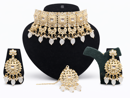 Close-up view of premium artificial Gold Plated Kundan Choker Necklace Set with White Beads by Innovate Art Impex.