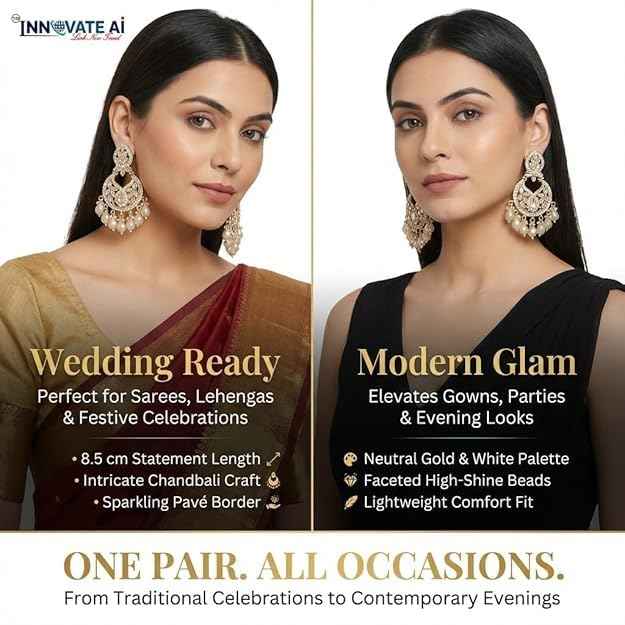 Close-up of INNOVATE ART IMPEX 8.5 cm gold Chandbali statement earrings highlighting faceted crystal bead fringe and openwork Jali design.