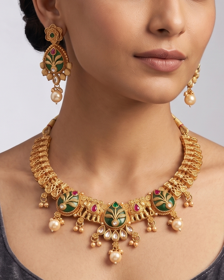 Close-up of a woman wearing an ornate gold necklace and earrings with green and red accents.