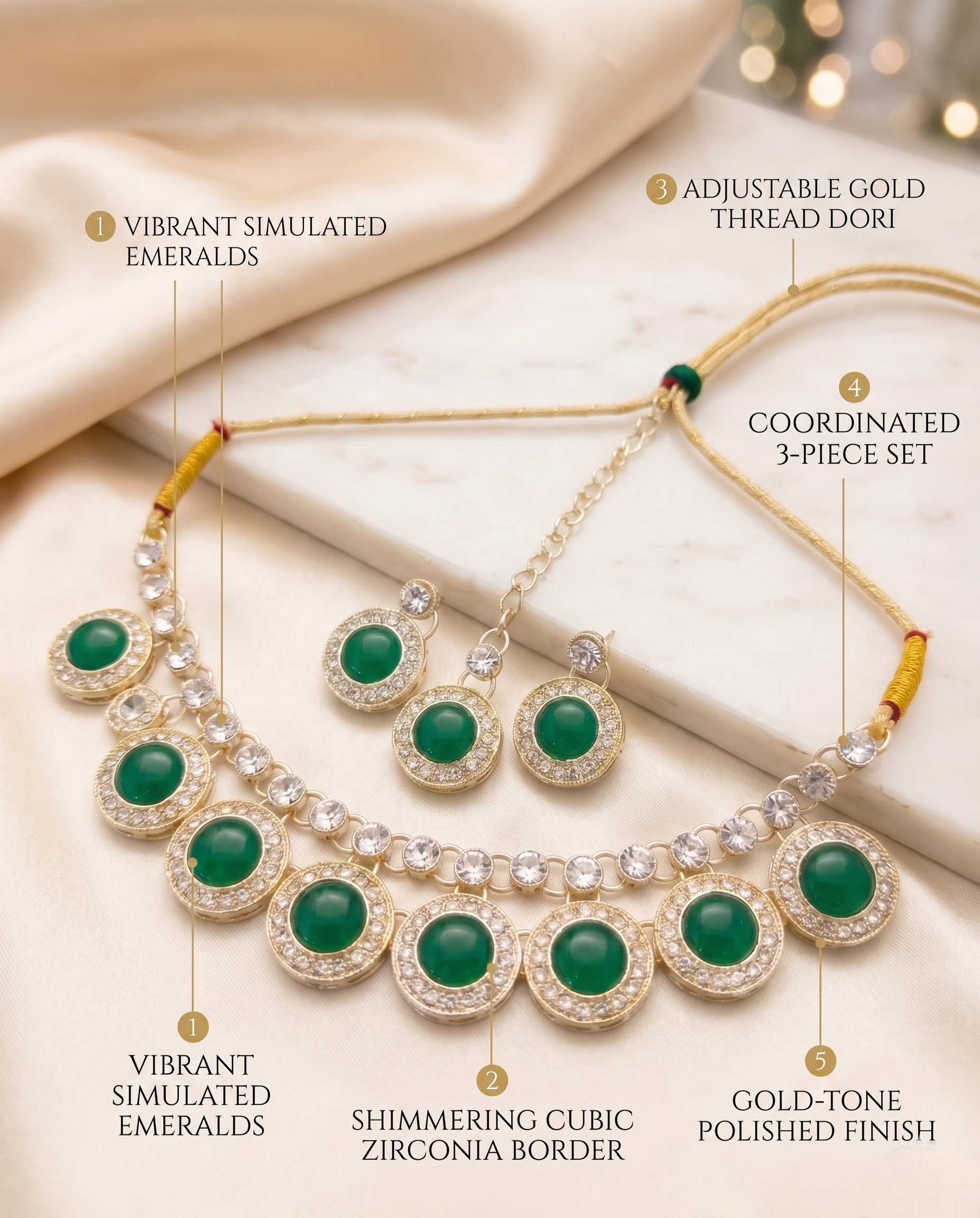 Close-up of green stone jewelry set showing shimmering cubic zirconia border and gold-tone finish.