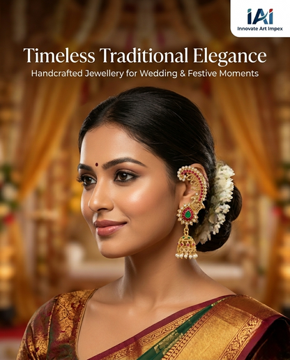 Close up of Indian woman styling INNOVATE ART IMPEX gold-plated kaan chain ear wrap jhumkas with a traditional silk saree.