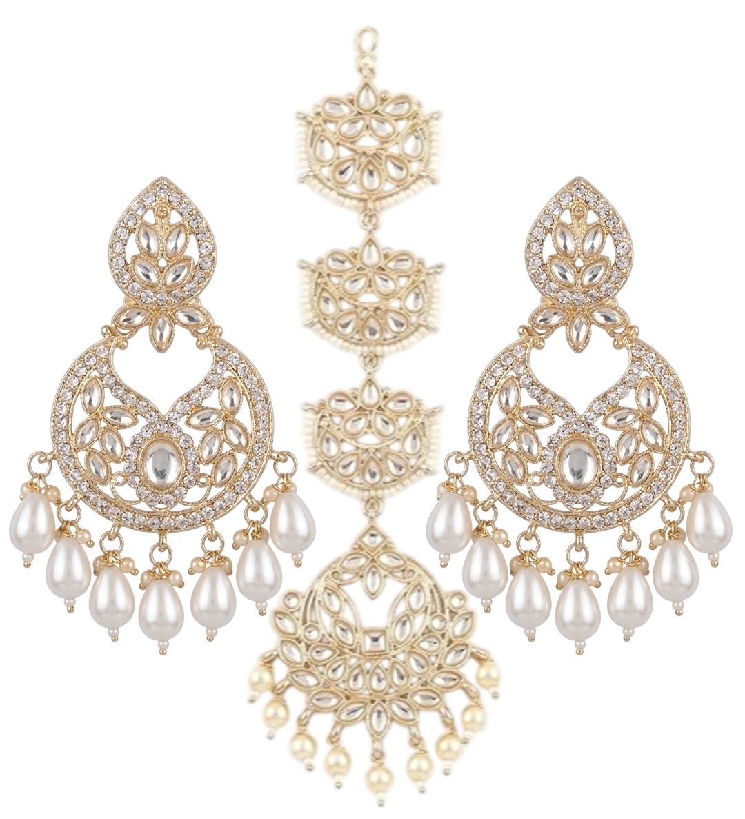 Complete set of INNOVATE ART IMPEX gold-plated Chandbali earrings and matching multi-tier Maang Tikka on a clean white background.