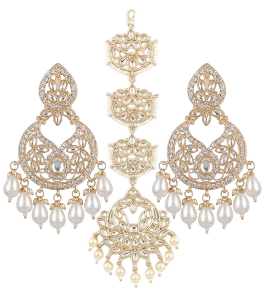 Complete set of INNOVATE ART IMPEX gold-plated Chandbali earrings and matching multi-tier Maang Tikka on a clean white background.