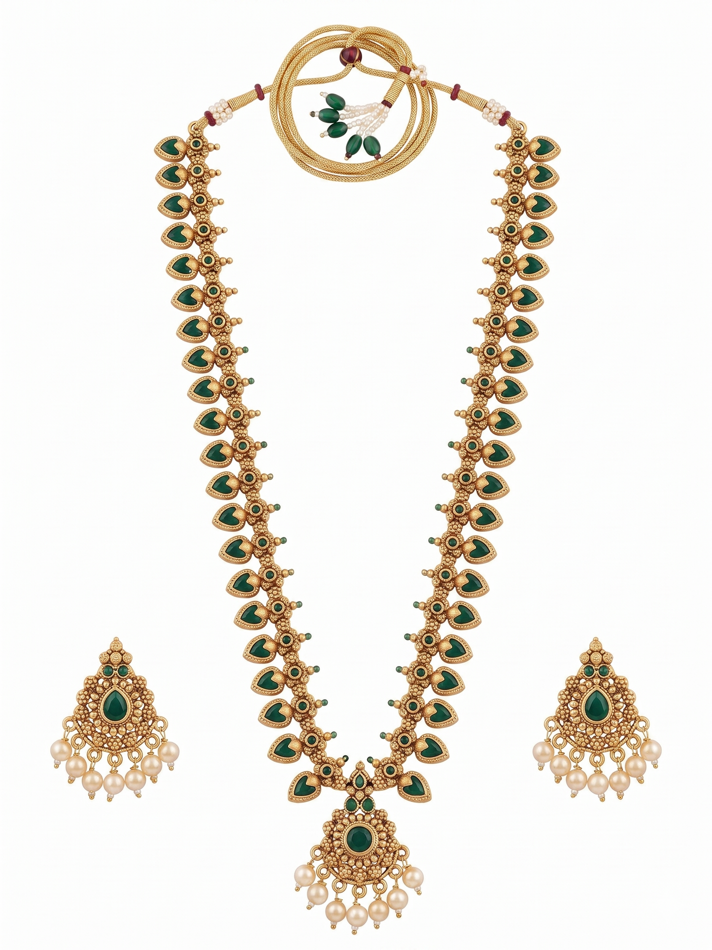 Complete set of INNOVATE ART IMPEX gold-plated long mango mala necklace, adjustable dori, and matching earrings on a plain white background.
