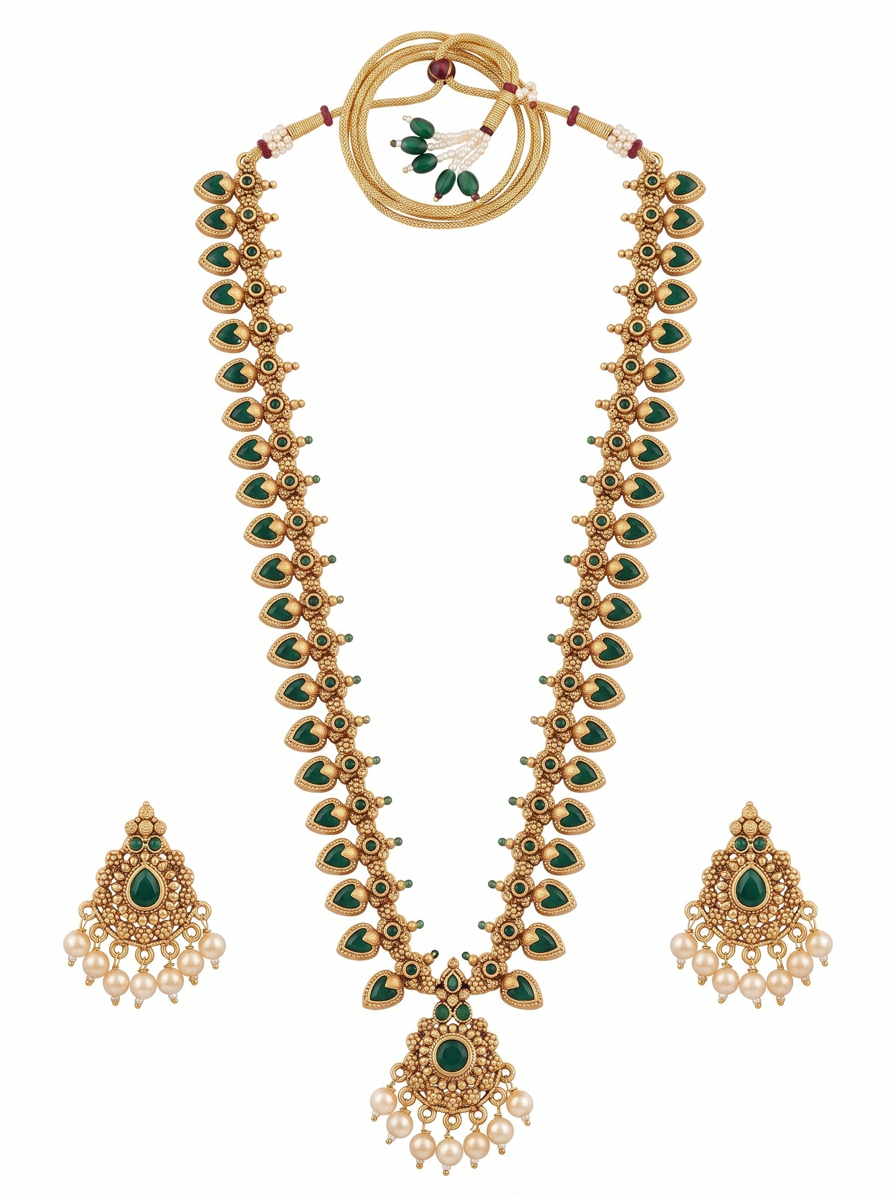 Complete set of INNOVATE ART IMPEX gold-plated long mango mala necklace, adjustable dori, and matching earrings on a plain white background.