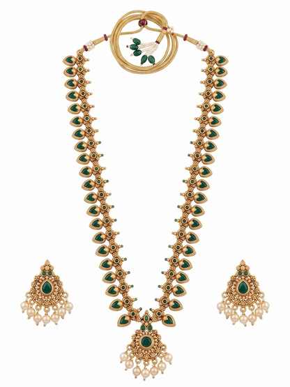 Complete set of INNOVATE ART IMPEX gold-plated long mango mala necklace, adjustable dori, and matching earrings on a plain white background.