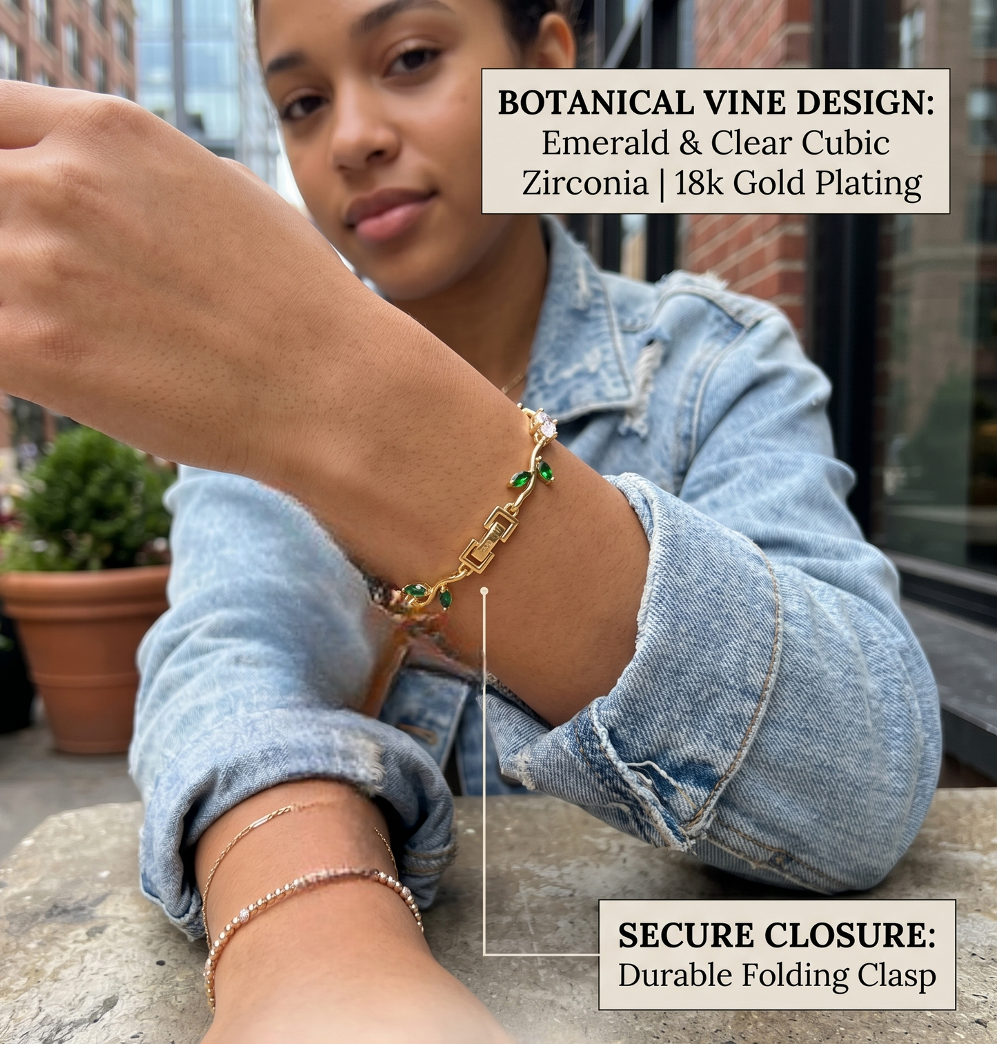 Gold-Toned Botanical Vine Link Bracelet with Clear Oval & Green Marquise American Diamonds