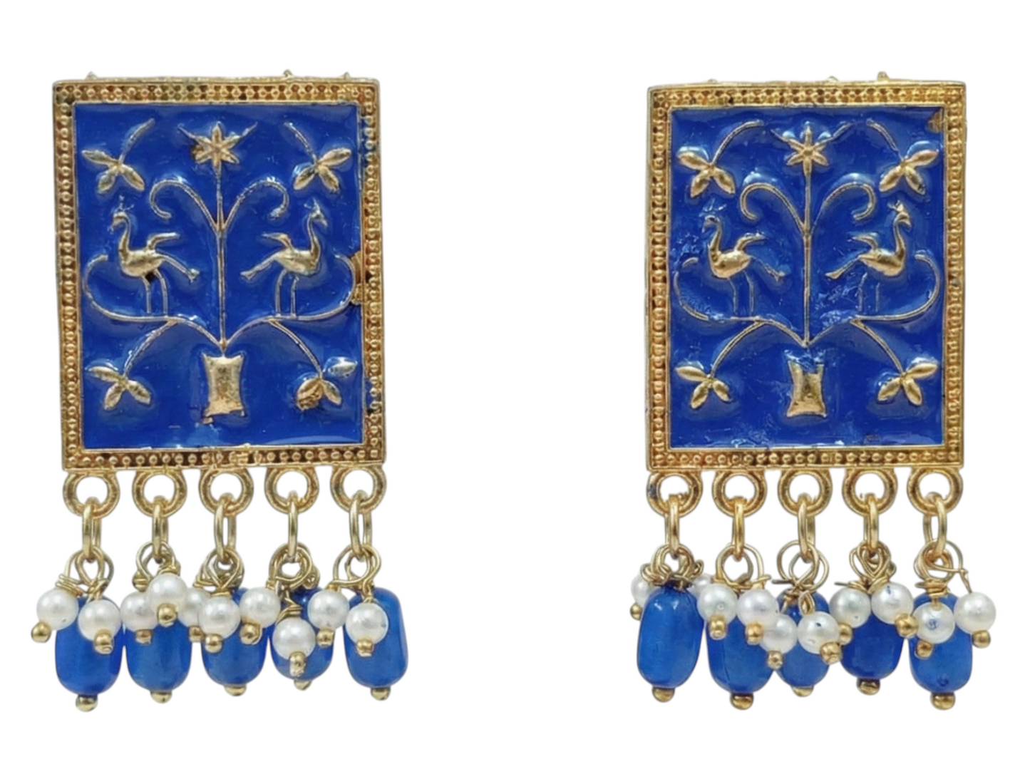 Close-up view of premium artificial Blue Meenakari Gold Plated Pearl Drop Earrings for Women | Traditional Ethnic Dangle Earrings by Innovate Art Impex.
