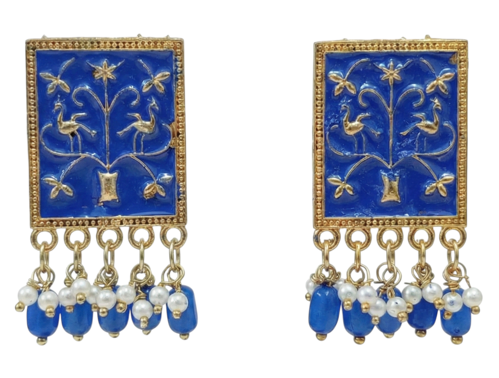 Close-up view of premium artificial Blue Meenakari Gold Plated Pearl Drop Earrings for Women | Traditional Ethnic Dangle Earrings by Innovate Art Impex.