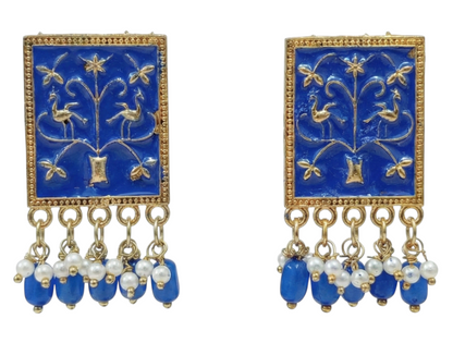 Close-up view of premium artificial Blue Meenakari Gold Plated Pearl Drop Earrings for Women | Traditional Ethnic Dangle Earrings by Innovate Art Impex.