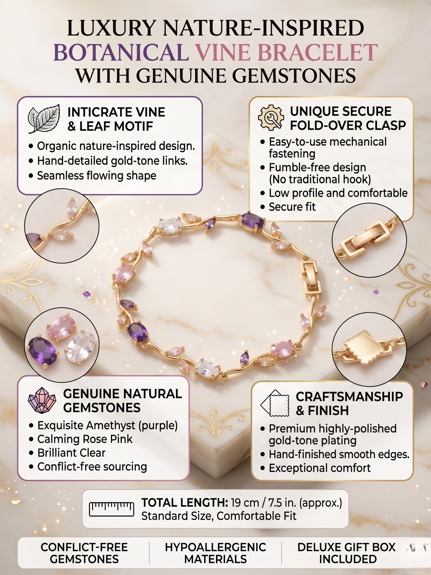Gold-Toned Botanical Vine Link Bracelet with Amethyst-Purple & Pink American Diamonds