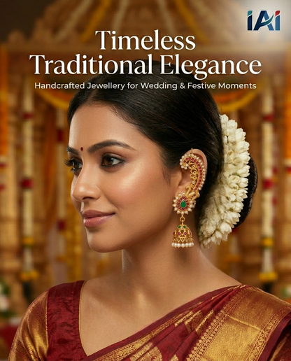 Detailed infographic of INNOVATE ART IMPEX peacock ear cuff jhumkas highlighting royal temple craft, premium diamond-look stones, and classic moti work.