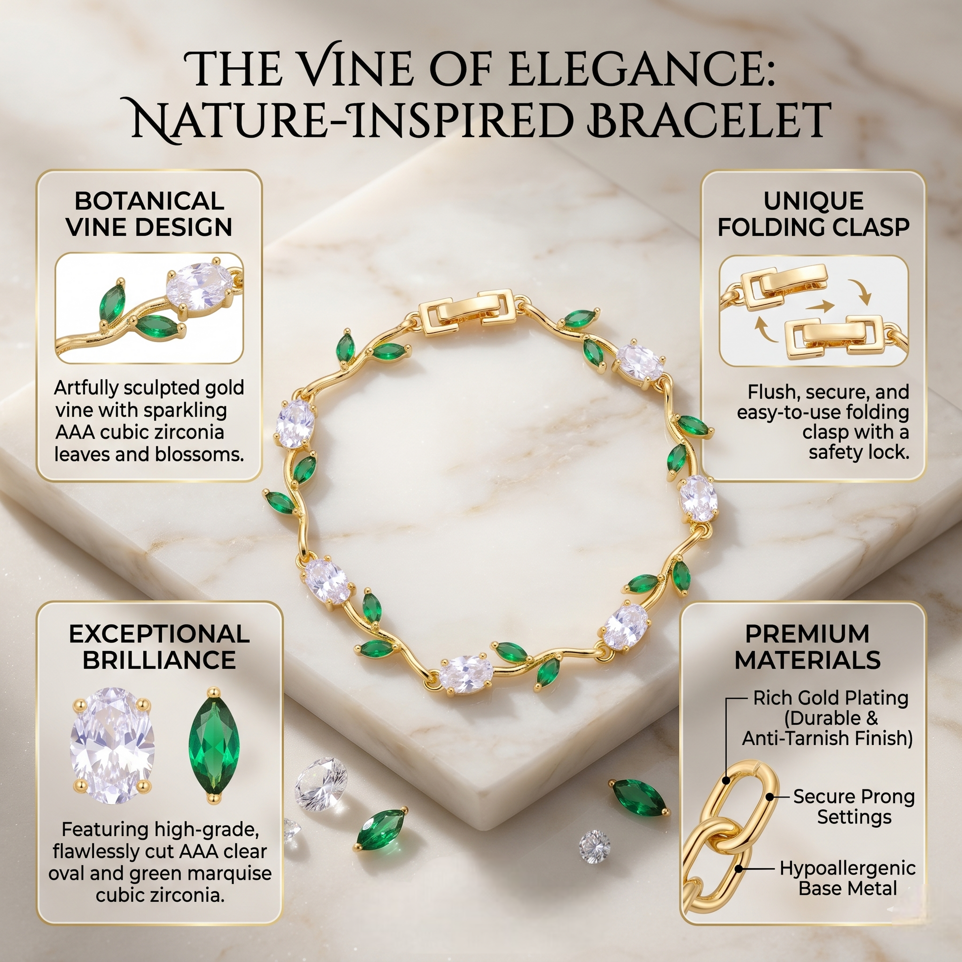 Gold-Toned Botanical Vine Link Bracelet with Clear Oval & Green Marquise American Diamonds