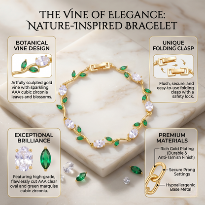 Gold-Toned Botanical Vine Link Bracelet with Clear Oval & Green Marquise American Diamonds