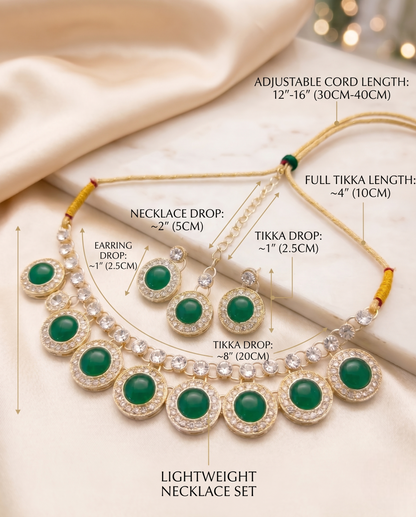Detailed measurement chart for jewelry set: 2-inch necklace drop and 1-inch earring length.