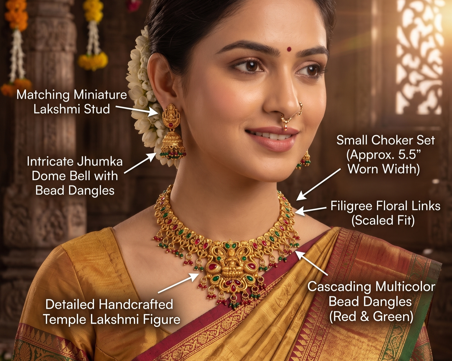 Handcrafted Antique Gold Temple Jewelry Set: Goddess Lakshmi Choker & Matching Jhumkas