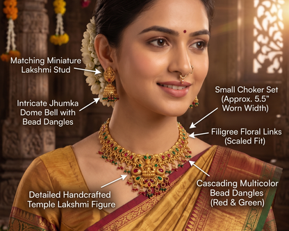 Handcrafted Antique Gold Temple Jewelry Set: Goddess Lakshmi Choker & Matching Jhumkas