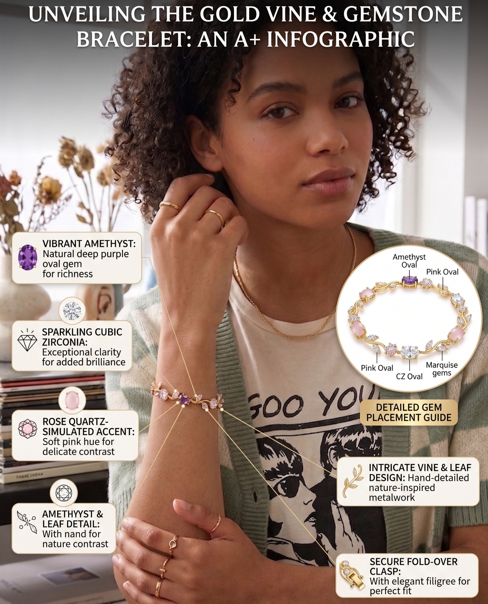 Gold-Toned Botanical Vine Link Bracelet with Amethyst-Purple & Pink American Diamonds