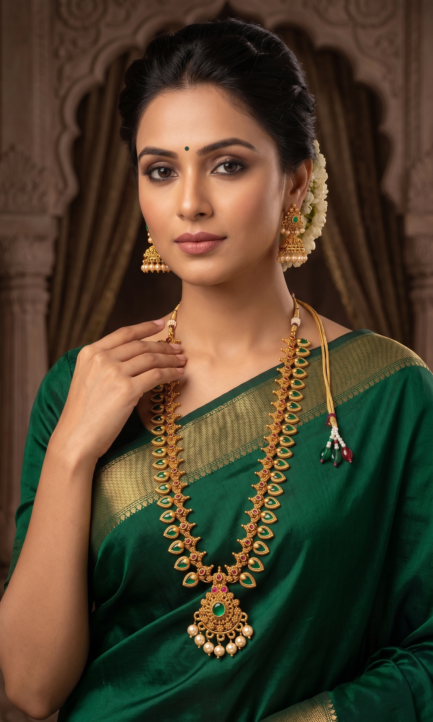 Elegant bridal model wearing a green silk saree paired with the INNOVATE ART IMPEX handcrafted long temple jewelry set featuring green faux gems.