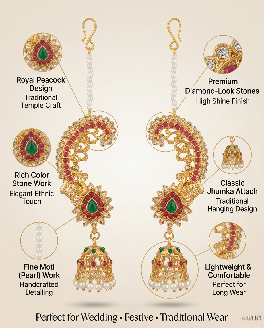 Elegant model showcasing INNOVATE ART IMPEX handcrafted ear cuff jhumka jewelry for weddings and festive occasions.