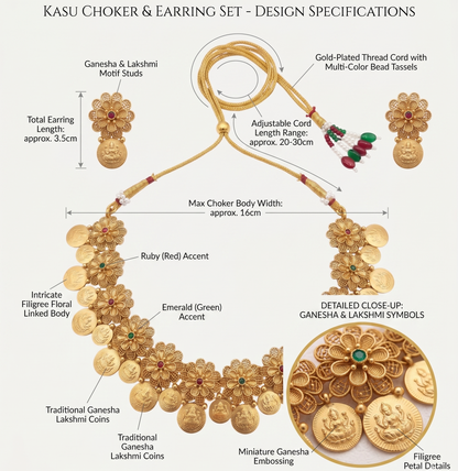 Handcrafted Antique Gold Kasu Choker Set with Floral Filigree & Lakshmi-Ganesha Coins