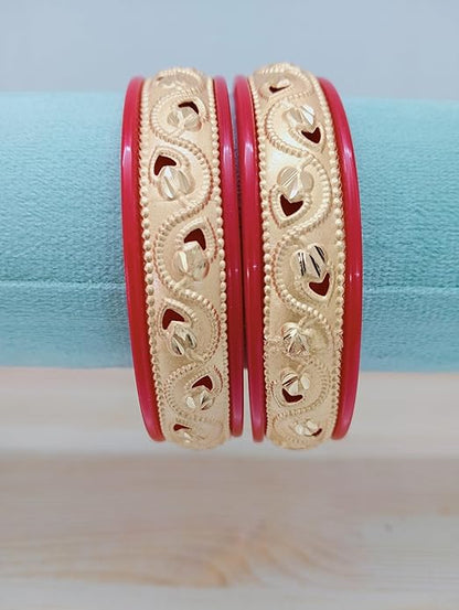 Close-up view of premium artificial Innovate Art Impex Traditional Bengali Red Pala Bangles for Women - Set of 2 | Gold Plated Leaf Textured Brass Alloy Bangles | Ethnic Shakha Pola Style Jewelry for Weddings, Festivals & Daily Use by Innovate Art Impex.