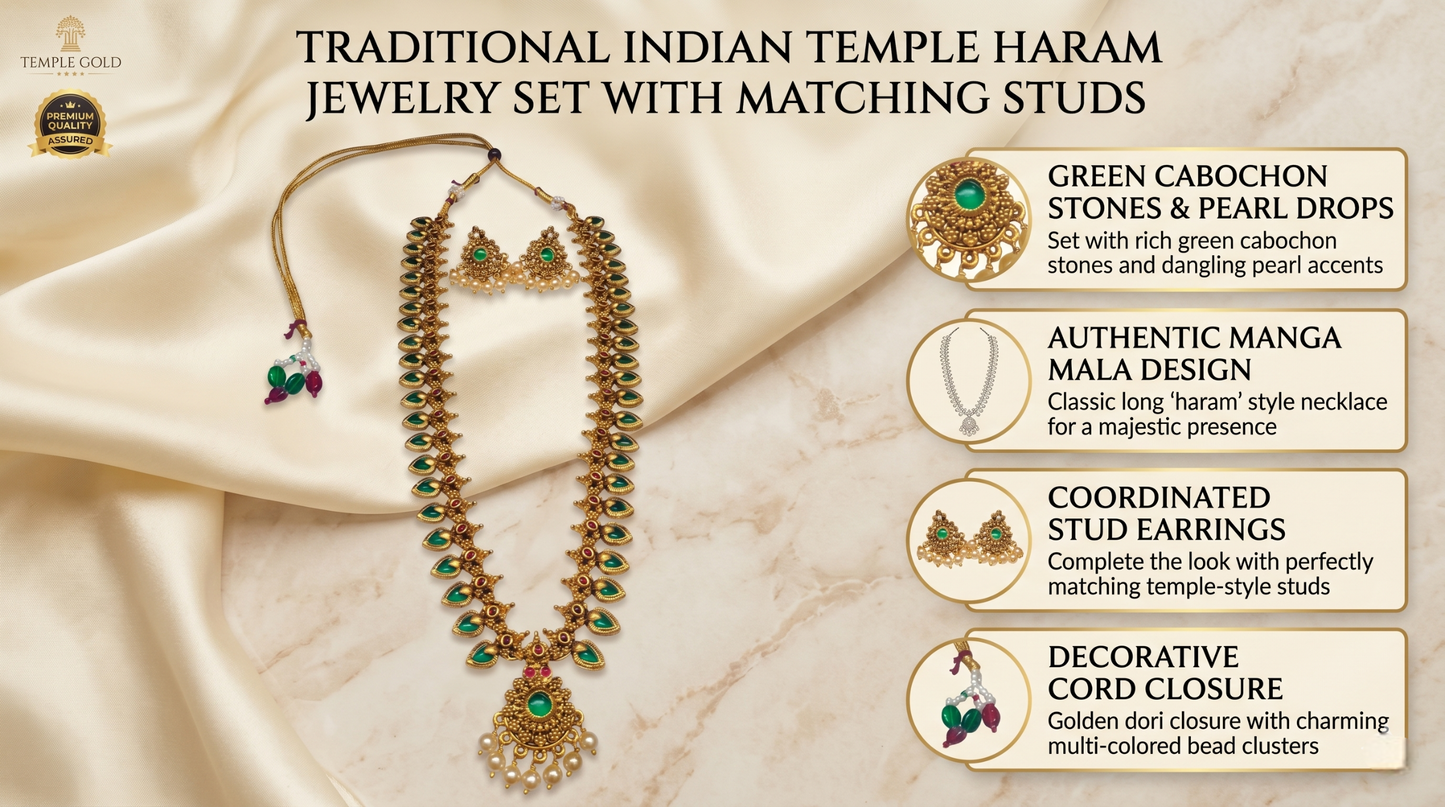 Feature breakdown infographic of the INNOVATE ART IMPEX Lakshmi Temple Collection long necklace highlighting detailed filigree, green gems, and high-luster pearls.