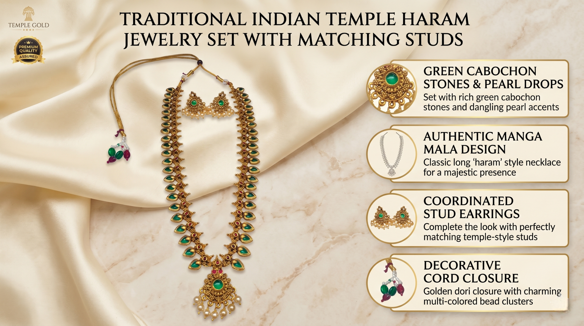 Feature breakdown infographic of the INNOVATE ART IMPEX Lakshmi Temple Collection long necklace highlighting detailed filigree, green gems, and high-luster pearls.
